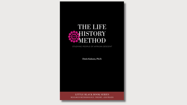 The cover of Doris Kakuru's book, The Life History Method: Studying People of African Descent. White text on a black background. To the left of the title there is an abstract pink pinwheel design.