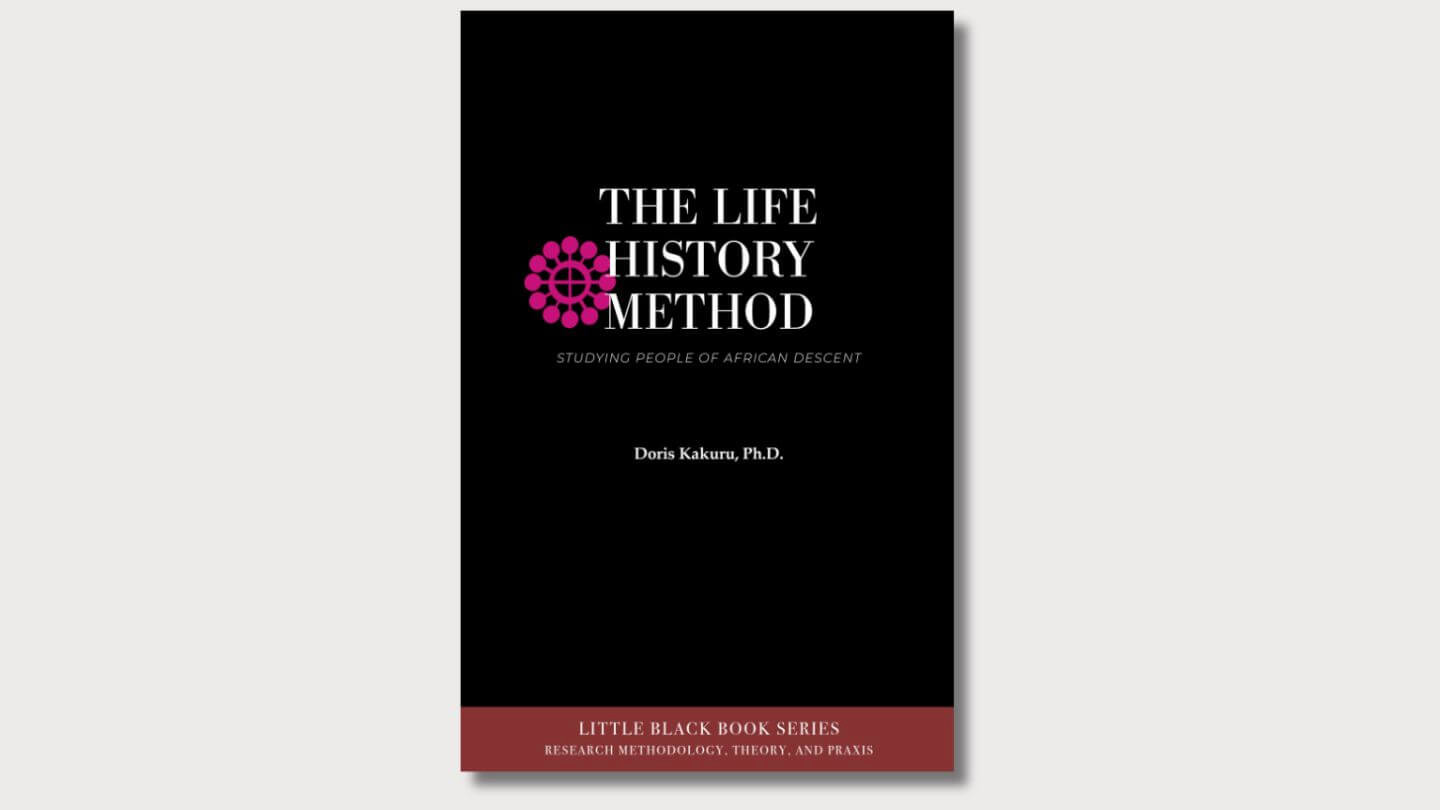 The cover of Doris Kakuru's book, The Life History Method: Studying People of African Descent. White text on a black background. To the left of the title there is an abstract pink pinwheel design.