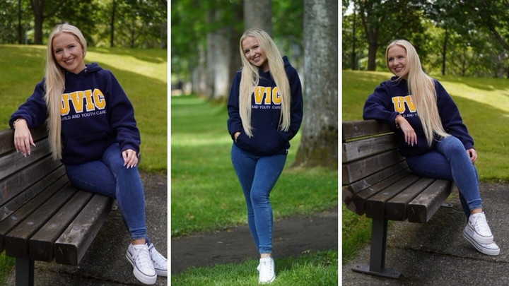 Three photo collage of Lauren Pederson, wearing a UVic Child and Youth Care hoodie, alternatively sitting on a bench and standing in front of a row of trees.