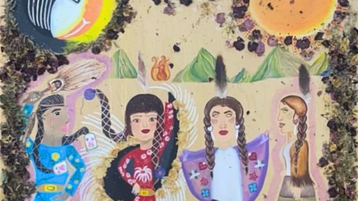 A colourful mural is pictured. There are multiple childlike figures depicted across the bottom half, surrounded by nature, shapes and colours.