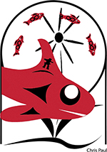 Logo featuring a baby whale, salmon, camas lily, infinity symbol and circle