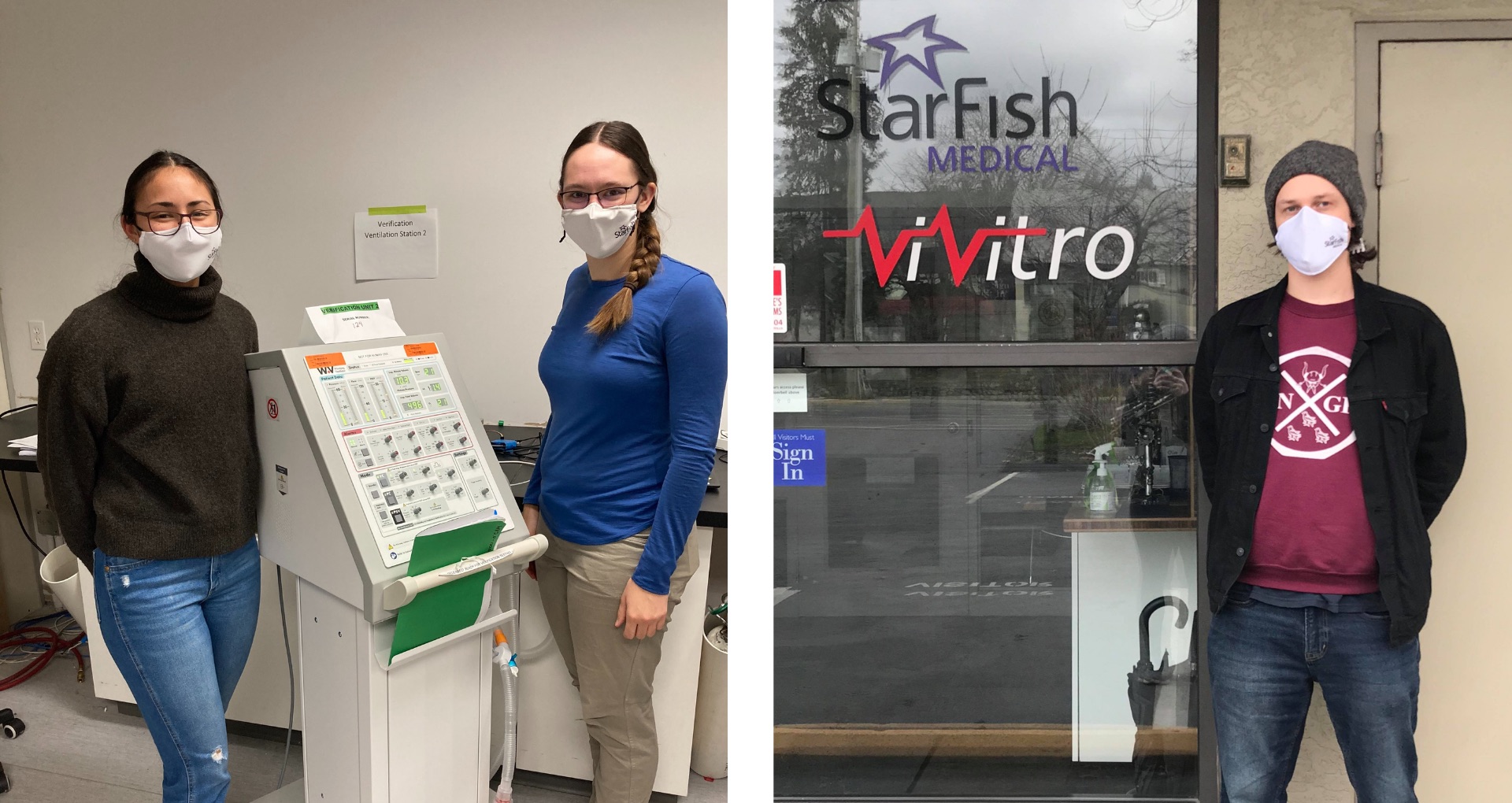 Three UVic co-op students worked with StarFish staff on rigorously testing all aspects of the ventilator’s functioning in advance of thousands of units being distributed across Canada. Two images appear side by side: one of Lin Cai, standing outdoors, and the other of Tom Gleeson, crouching by a stream.