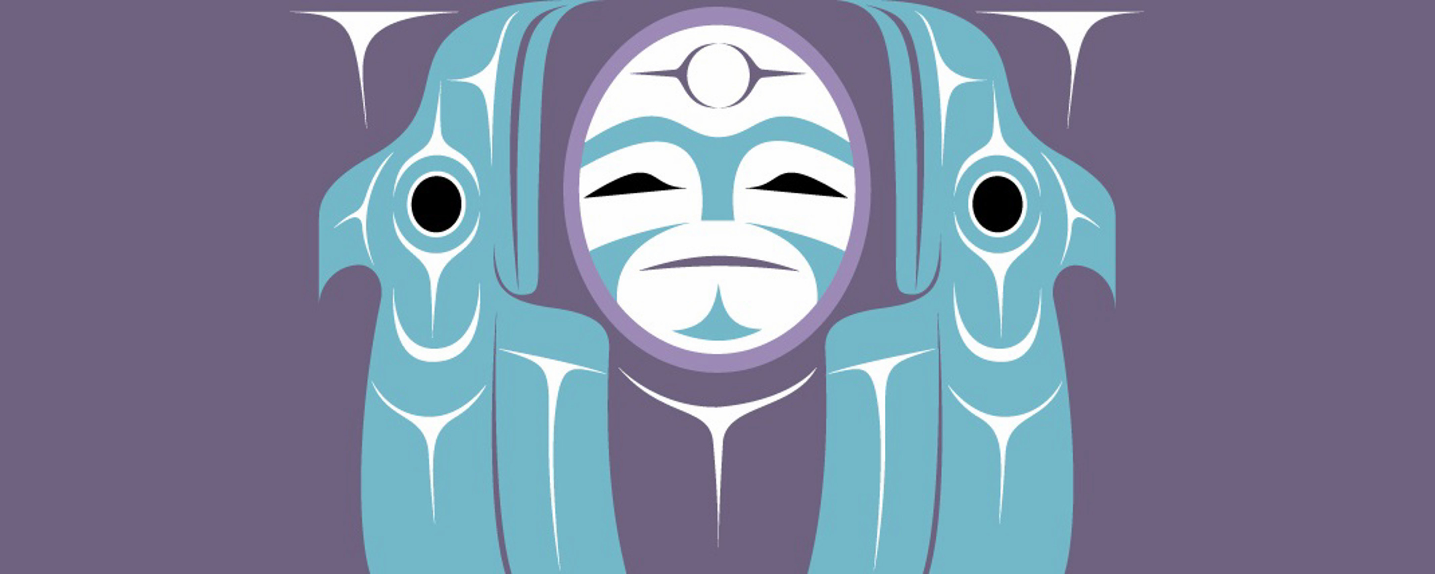 Coast Salish art of two birds facing up with a moon in the middle