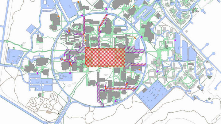 Map of campus with roads and restricted areas highlighted