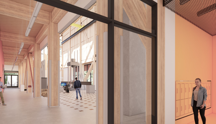 Lab space with large wooden pillars and lab equipment, with a view of the washroom to the right of the frame.