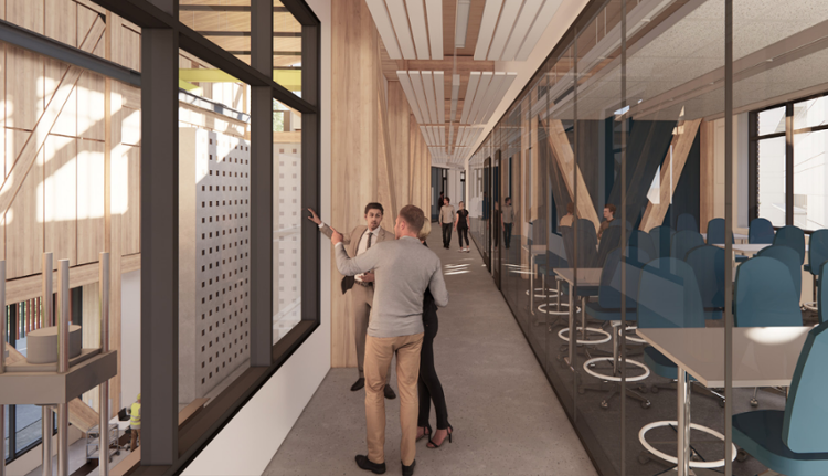 A long hallway with glass windows on each side, the laboratroy space to the left and offices to the right.