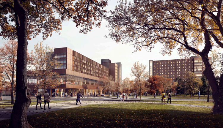 A fall-like rendering of the New Student Housing and Dining Buildings, seen from across Ring Road with emphasis placed on both buildings.