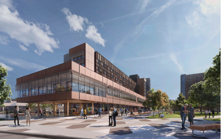 A rendering of the New Student Housing and Dining Buildings, seen from Ring Road with a focus on building 1 and the plaza in front of it.
