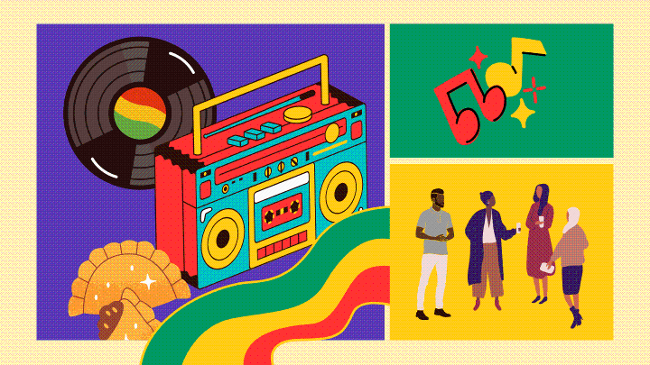 Colourful graphic with panels. Panel on the left has a record, boom box, and Jamaican patties. Panel on the upper right has music notes. Panel on the lower right has people gathered in conversation.