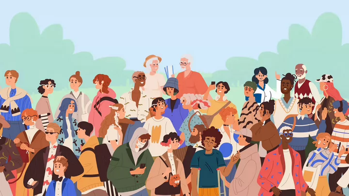 A graphic illustration of a large group of people.