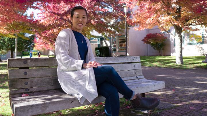 Photo of woman sitting on bench