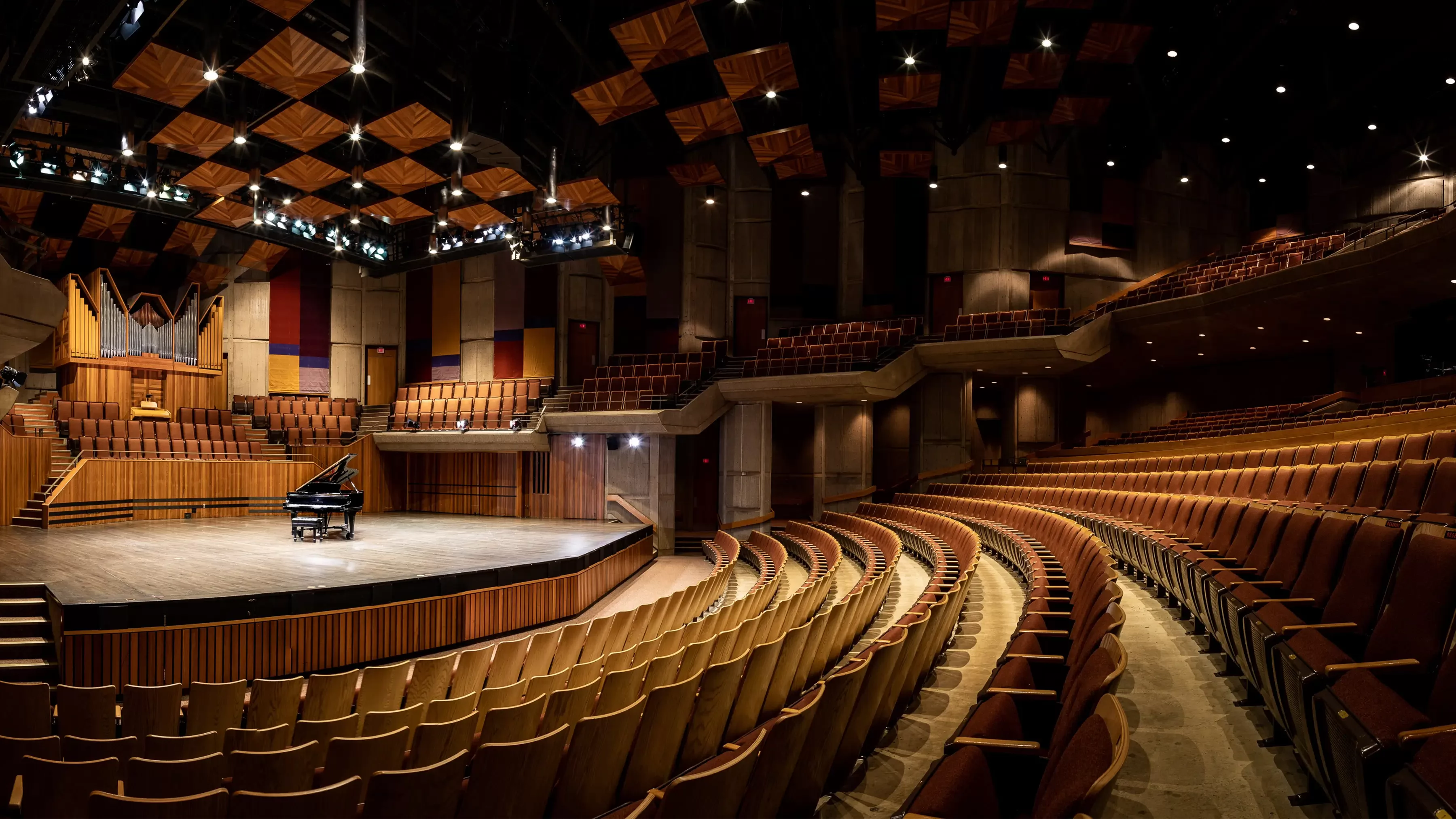 The inside of the Farquhar auditorium seating, stage and lighting.
