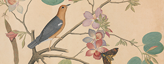 Work of art depicting a bird on a flowering branch