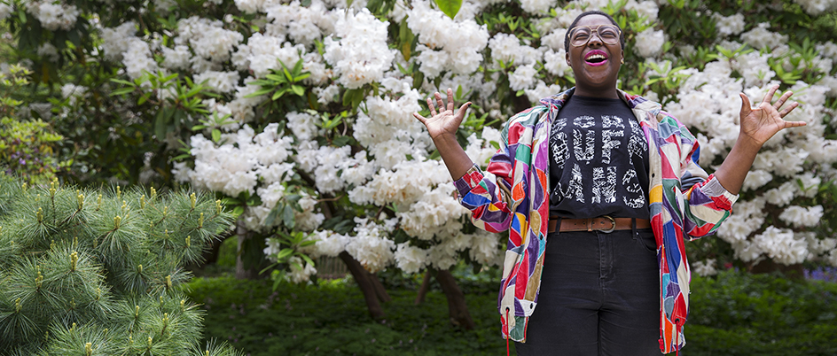 Writing student K.P Dennis in UVic's Finnerty Gardens