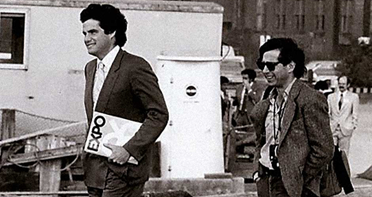 Harvey Stevenson Southam walking with a colleague