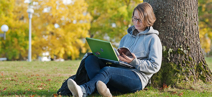 Student studies under a tree using a laptop