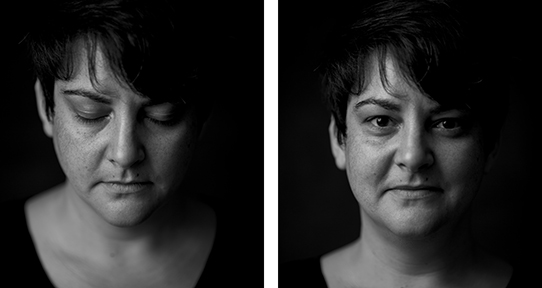 Two black and white photos of Cassandra Miller's face