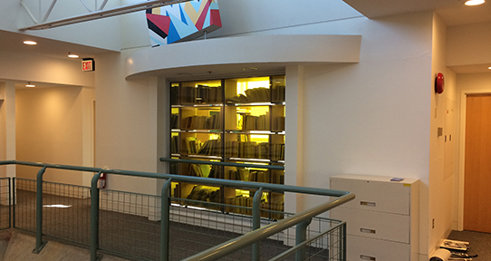The reading room exterior, bathed in morning light