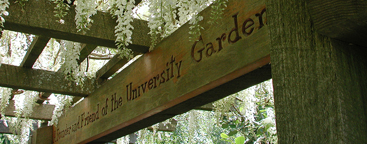An inscription on wood saying A Founder and Friend of the University Garden