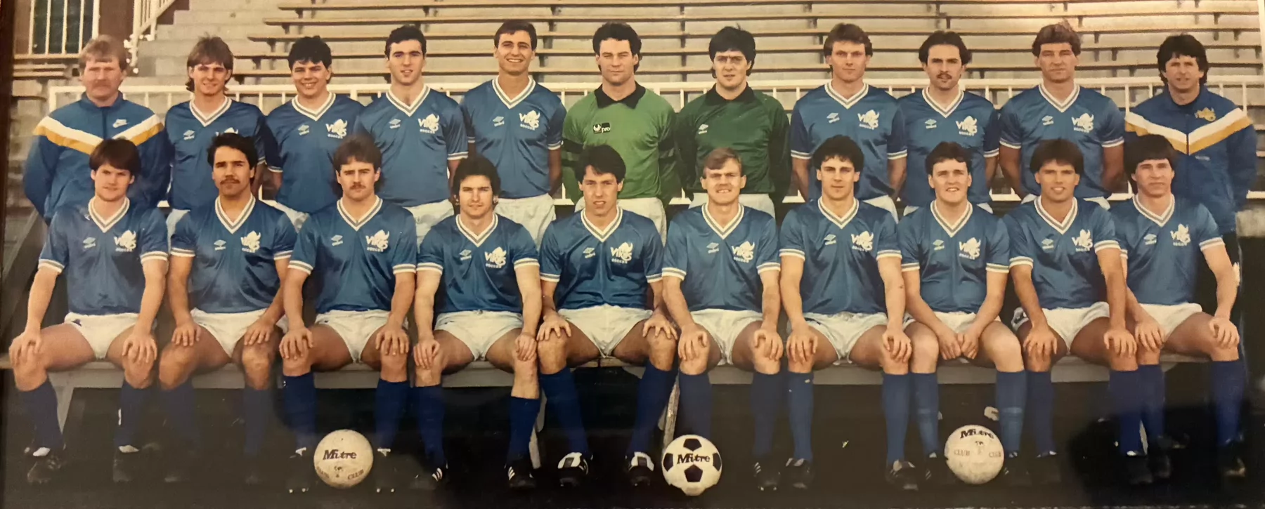Team photo of the University of Victoria mens Vikes soccer team from the 1980s.