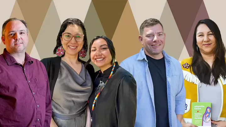 Five UVic scholars and students against a graphic background