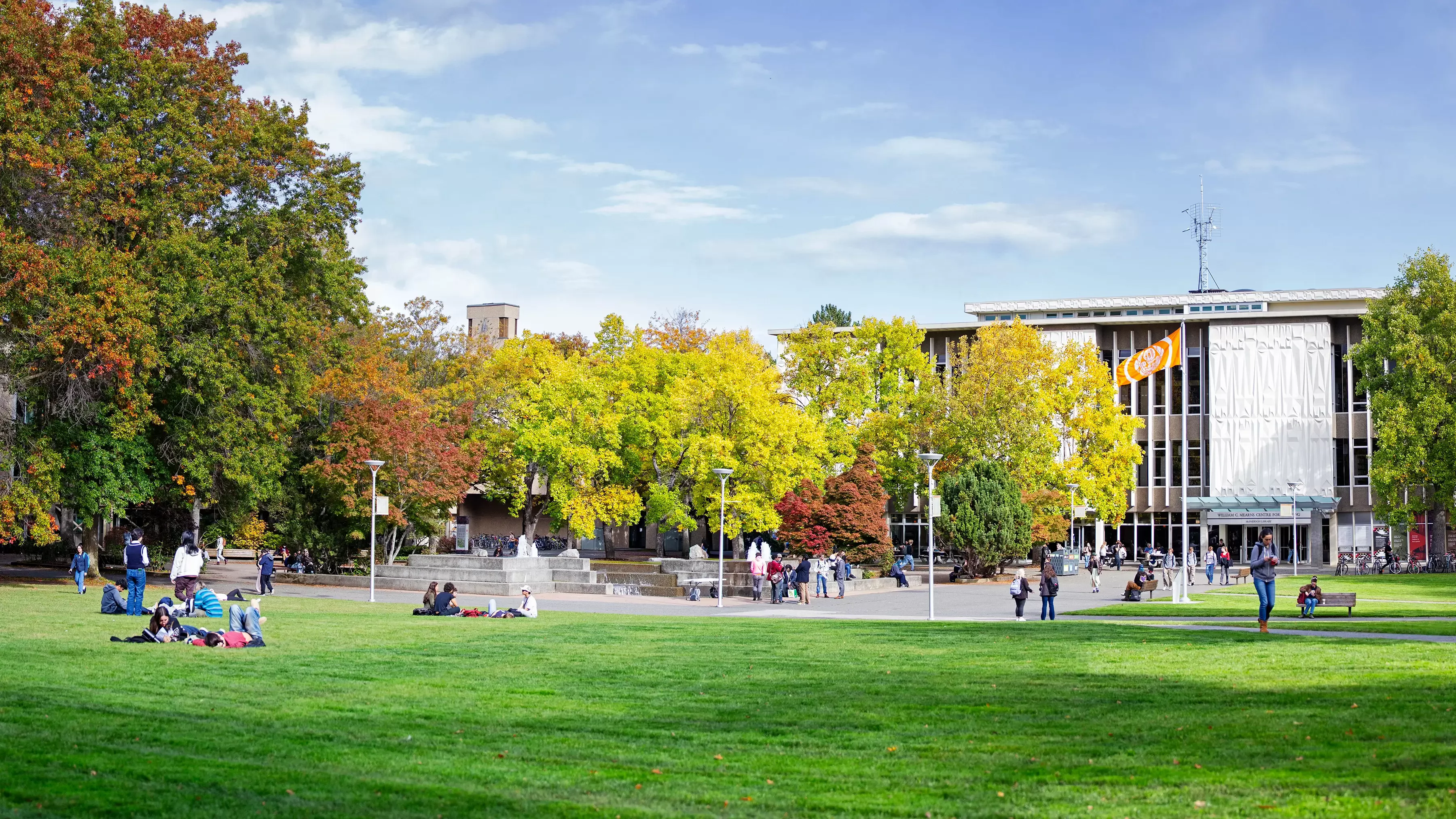 Students walking and studying on lawn of university campus.