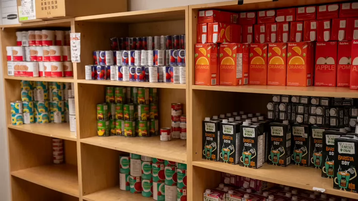 food bank shelves stocked with food