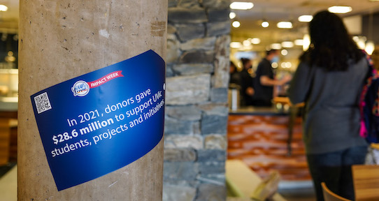 Blue tag reads "in 2021 donors gave $28.6 million to support UVic students, projects and initiatives