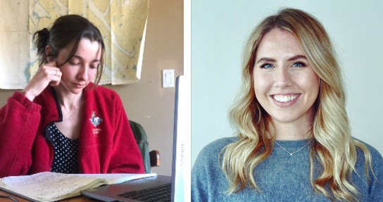 A side by side image of Andrea sitting at a desk with her laptop and Amarens smiling at the camera.