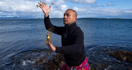 Male dancer on rocks by the ocean