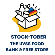 graphic box of food and cans and a heart with uvic colours. Underneath reads "stock-tober the UVSS food bank and free store