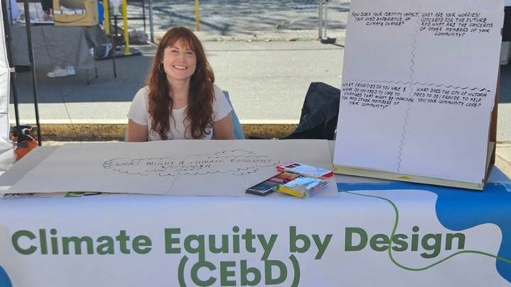 Sustainability Scholar Sabrina Guzman Skotnitsky tabling about the Climate Equity by Design project at the Oaklands Sunset Market on July 3rd