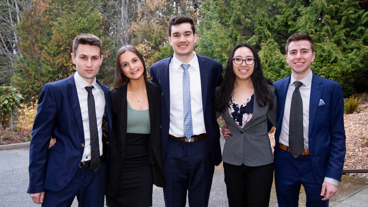 Mitchell Basher, Joanne Ho, Josiah Nadon, Anika Neil and Peter Palka pose for a group photo outdoors