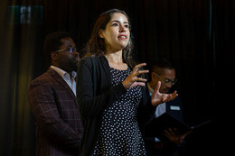 MBA Jessica Garcia speaks with her team during a presentation