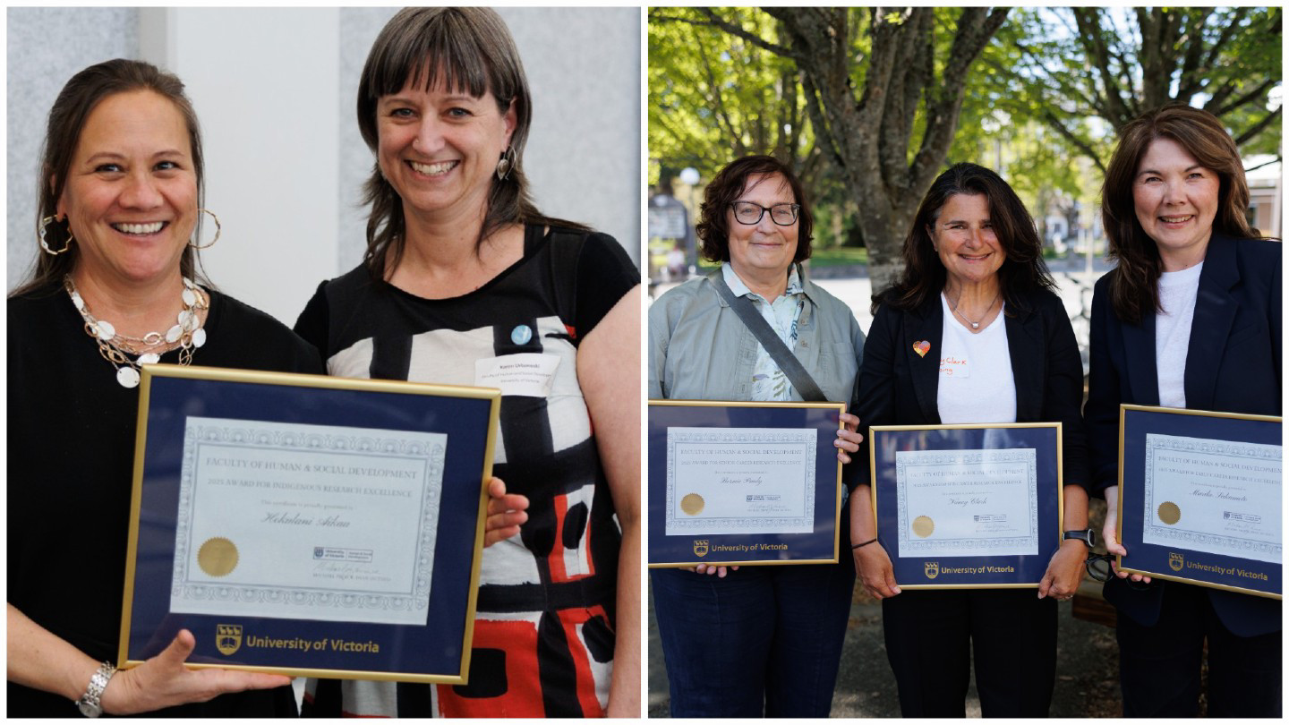 HSD Research Excellence winners Hōkūlani Aikau, Bernie Pauly, Nancy Clark and Mariko Sakamoto pictured with Acting Associate Dean Research Karen Urbanoski