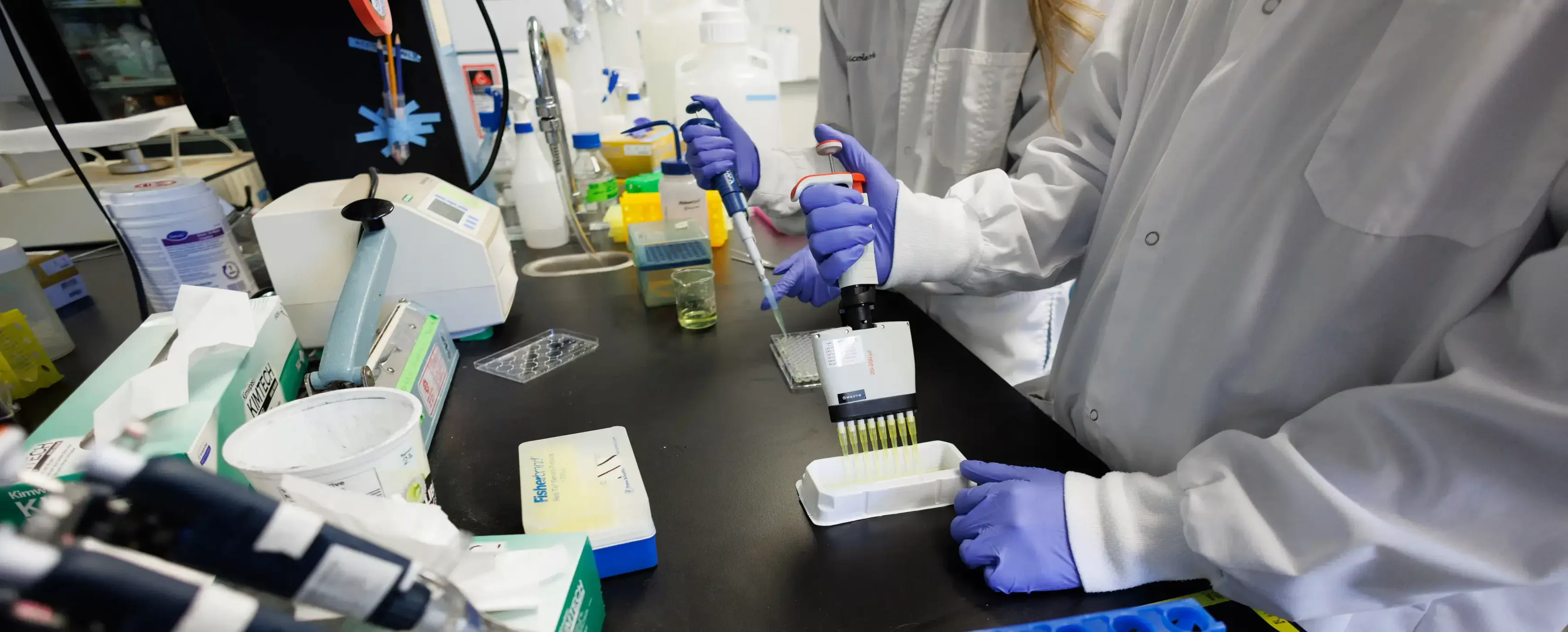 Two people in lab coats—heads out of frame—performing tests in a lab