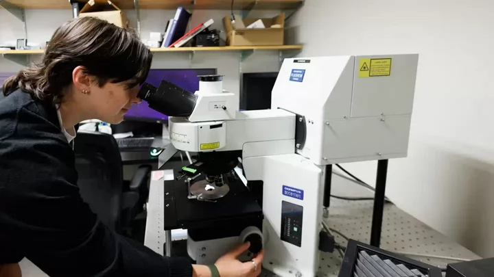 Dark-haired person looking into a large white microscope