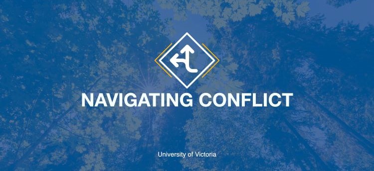 navigating conflict at uvic title on a blue background