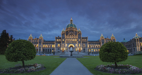 BC legislature at dusk