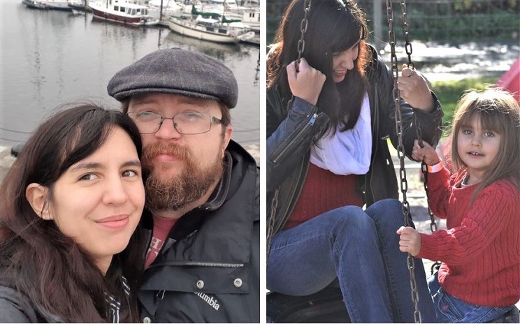 Jenna Mazur, BSW graduate from the class of 2019, with her partner David, left, and with daughter Megan, right.