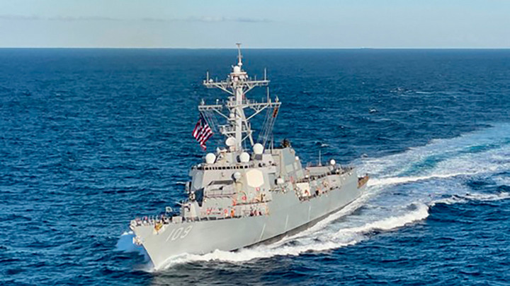 The guided-missile destroyer Jason Dunham in the Mediterranean Sea in 2022. 