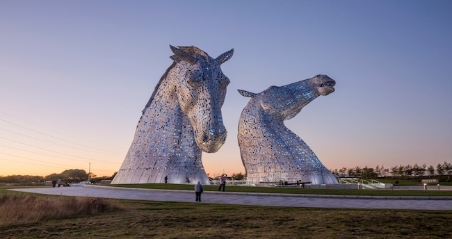 Horse head sculptures depicting the mythical Kelpies.