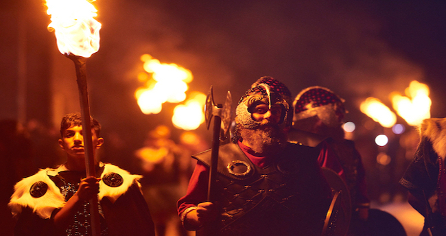 A shot of Up Helly Aa participants dressed as Vikings.