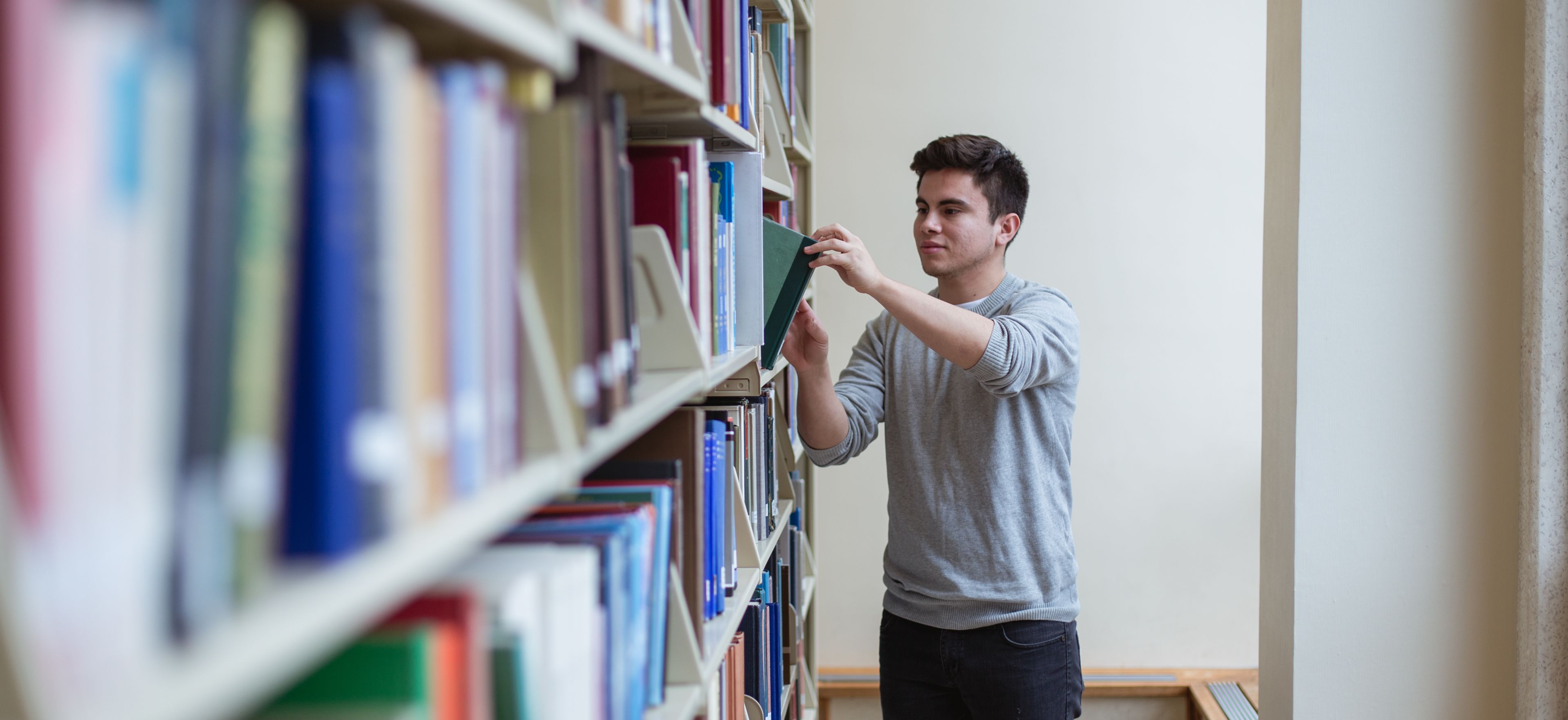 Man looks at books in the library