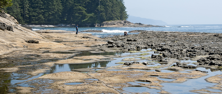 Person standing on rocks near the Pacific ocean