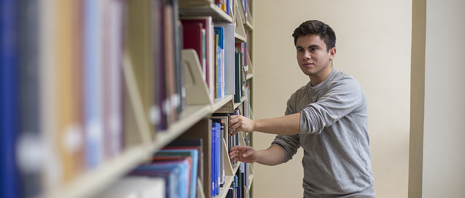 Student looking at books on a shelf in the library