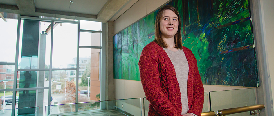 Marianne Huijsmans in a UVic building