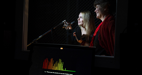 Sonya Bird and student Kelly Regan in the Phonetics Lab sound booth