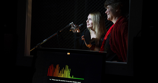 Sonya Bird and student Kelly Regan in the Phonetics Lab sound booth