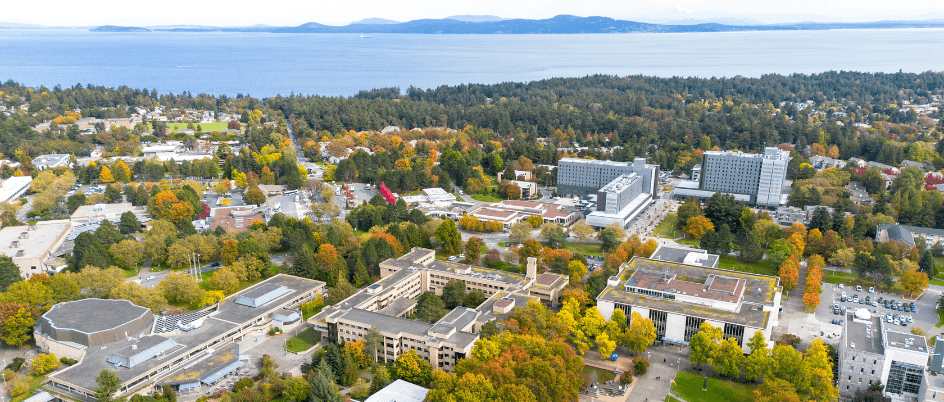 Aerial photo of UVic's campus in the summer